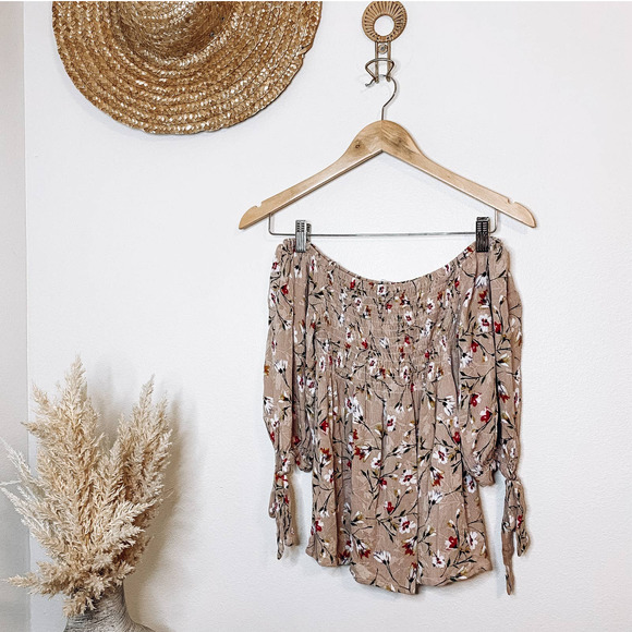 Pink Floral Bohemian Flowy Off Shoulder Ruched Blouse - Picture 1 of 5